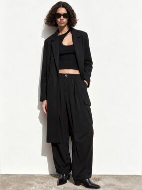 ZARA Black Faux Suede Longline Open Front Duster Coat M